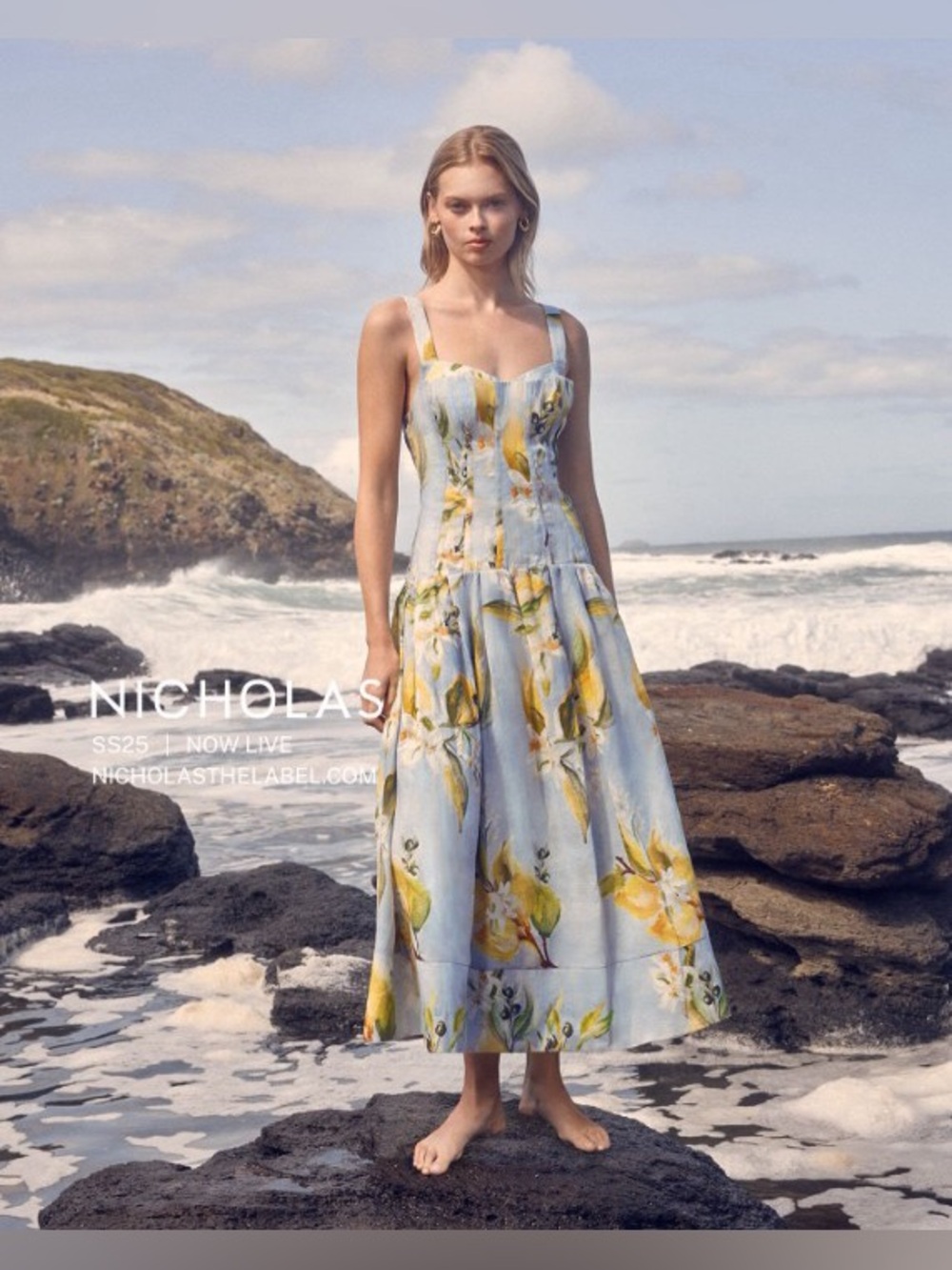 Nicholas Makenna 100% Linen Blue Lemon Print Drop Waist Corset Midi Dress NWOT